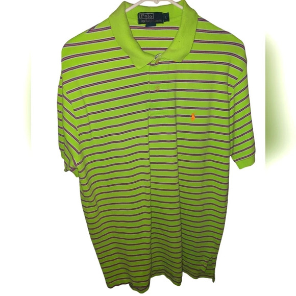 Mens Ralph Lauren Green Orange Striped Short Sleeve Polo Shirt - Picture 1 of 4